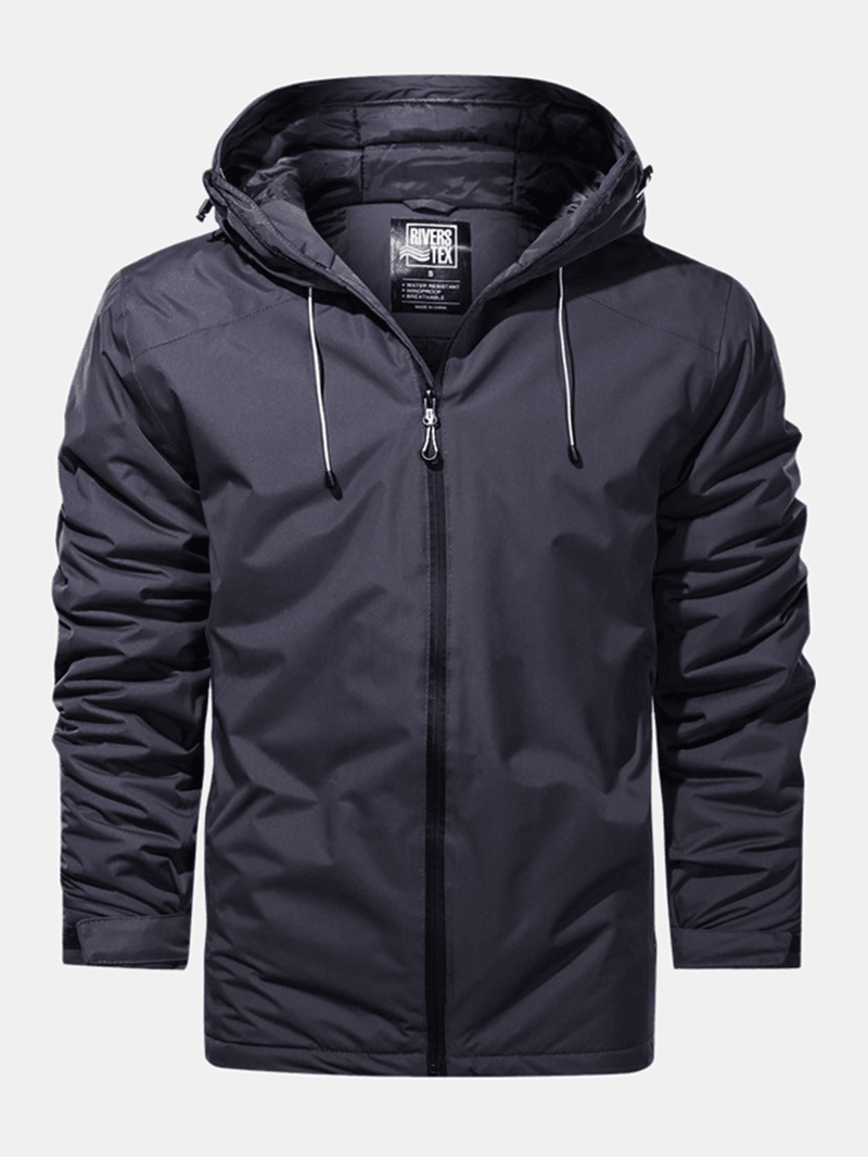 Mens Waterproof Windproof Solid Color Zipper Simple Hooded Jacket