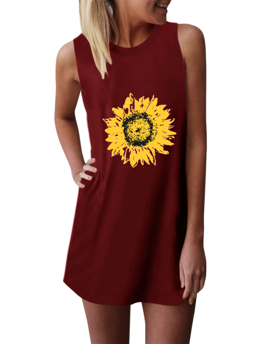 Sunflower Print O-Neck Sleeveless Casual Mini Dress