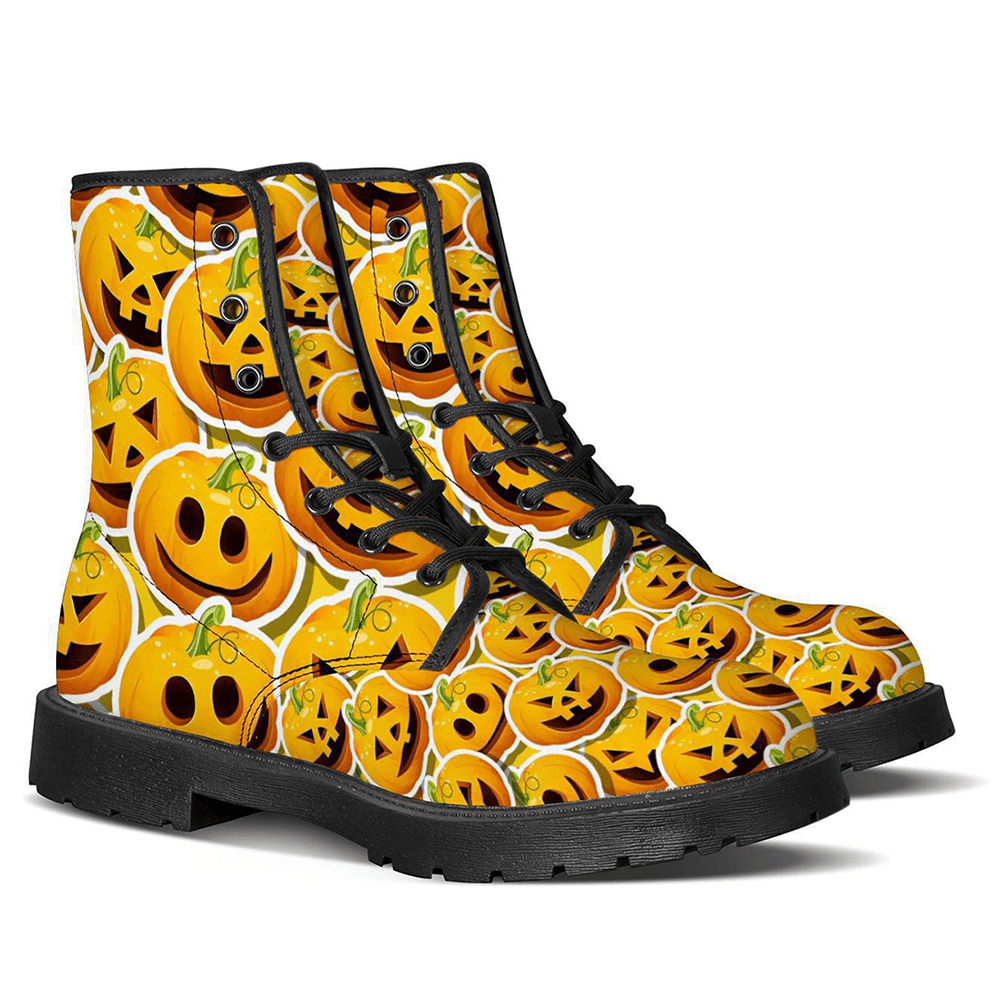 Men Leather Halloween Pumpkin Printing Soft Sole Non Slip Comfy Casual Martin Boots