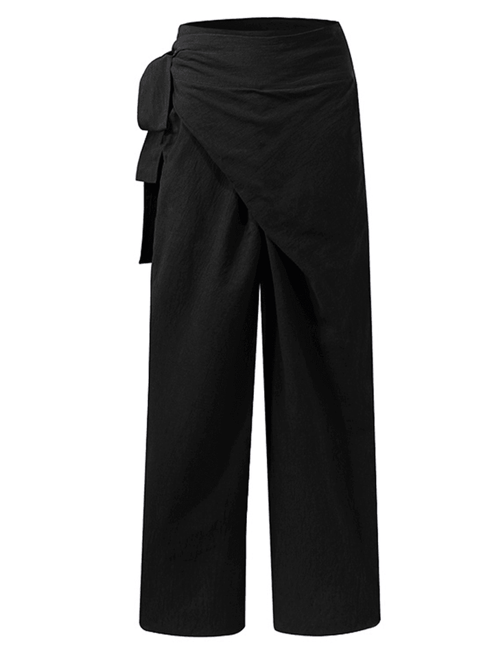 Women's Asymmetrical Bandage Design Wide Leg Pants - Solid Color, Breathable Fabric