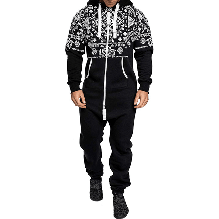 Mens Casual Hooded Loungewear Pure Color Siamese Jumpsuit