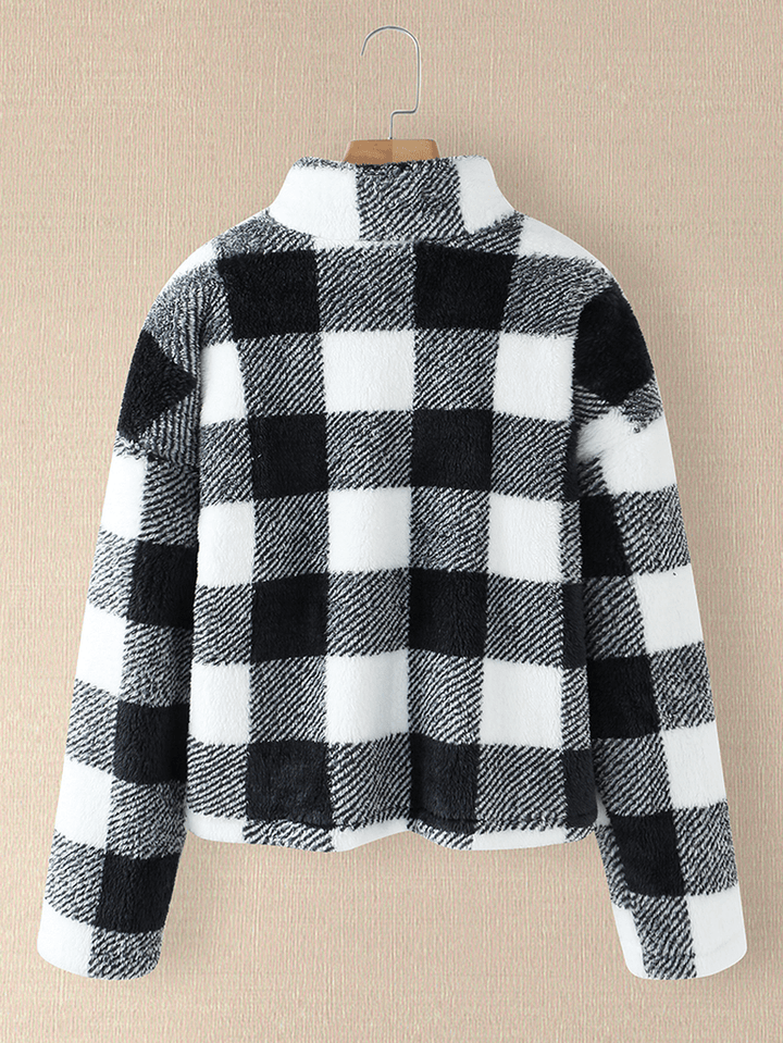 Women Plaid Print Half Zipper Front Pullover Sweatshirts Warm Coats