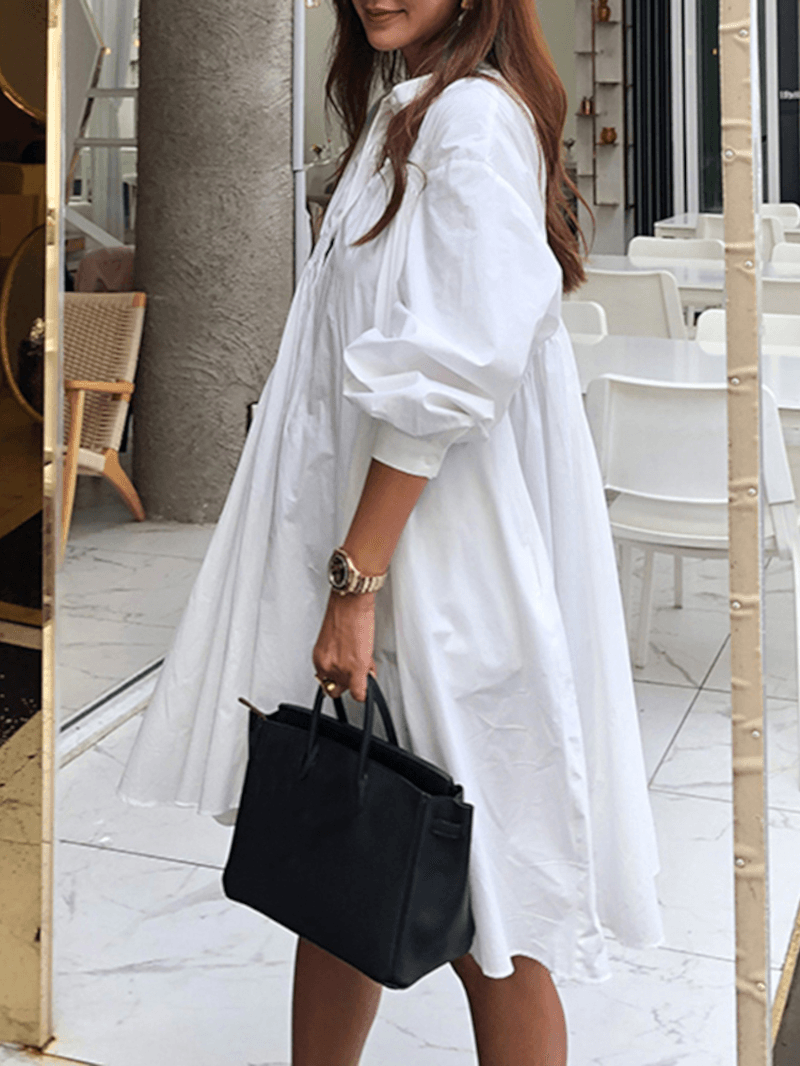 Women Solid Color Pleated Long Sleeve Casual Shirt Midi Dresses