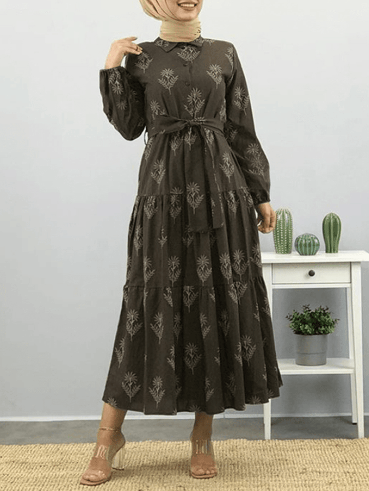 Women Floral Print Lapel Puff Sleeve Kaftan Maxi Dress with Belted - MRSLM