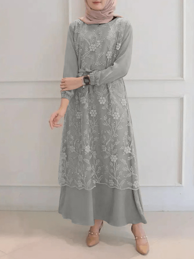 Women Flowers Embroidery Stitching Lace up Casual Elastic Cuffs Maxi Dresses