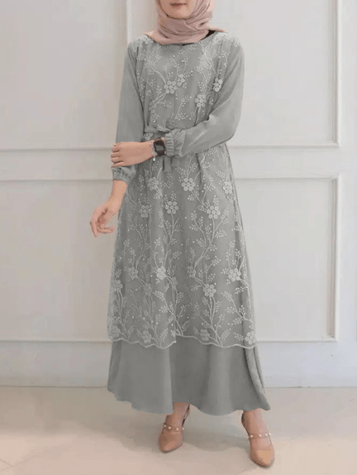 Women Flowers Embroidery Stitching Lace up Casual Elastic Cuffs Maxi Dresses