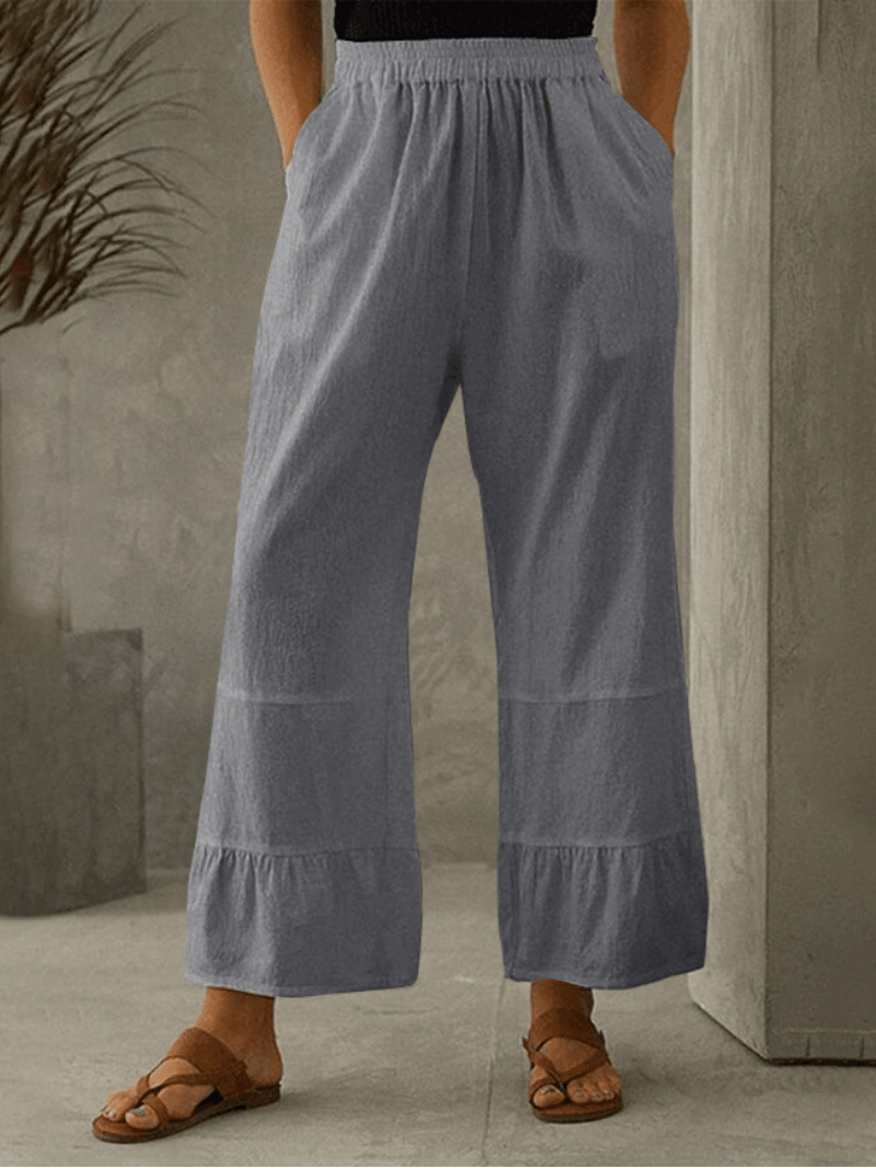 Women Cotton Plain Ruffle Cuff Elastic Waist Loose Casual Solid Wide Leg Pants