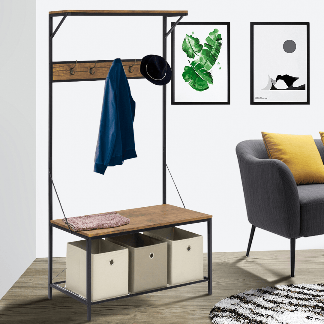 Industrial Coat Rack Shoe Bench Hall Tree Entryway Storage Shelf Cloth Hanger Wood Furniture