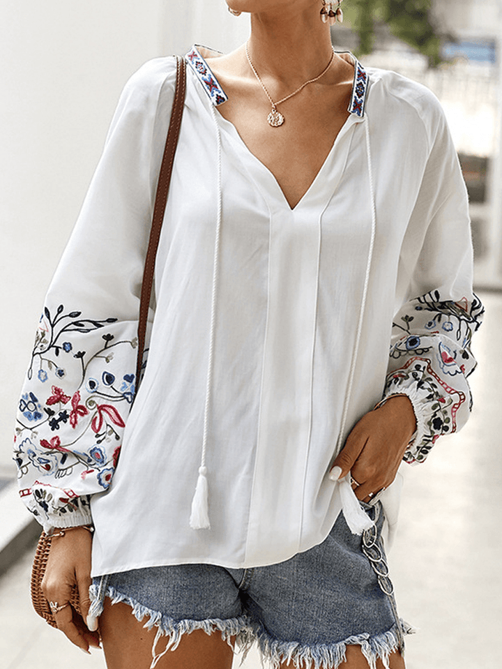 Flower Embroidery V-Neck Drawstring Cuffs Casual Blouse