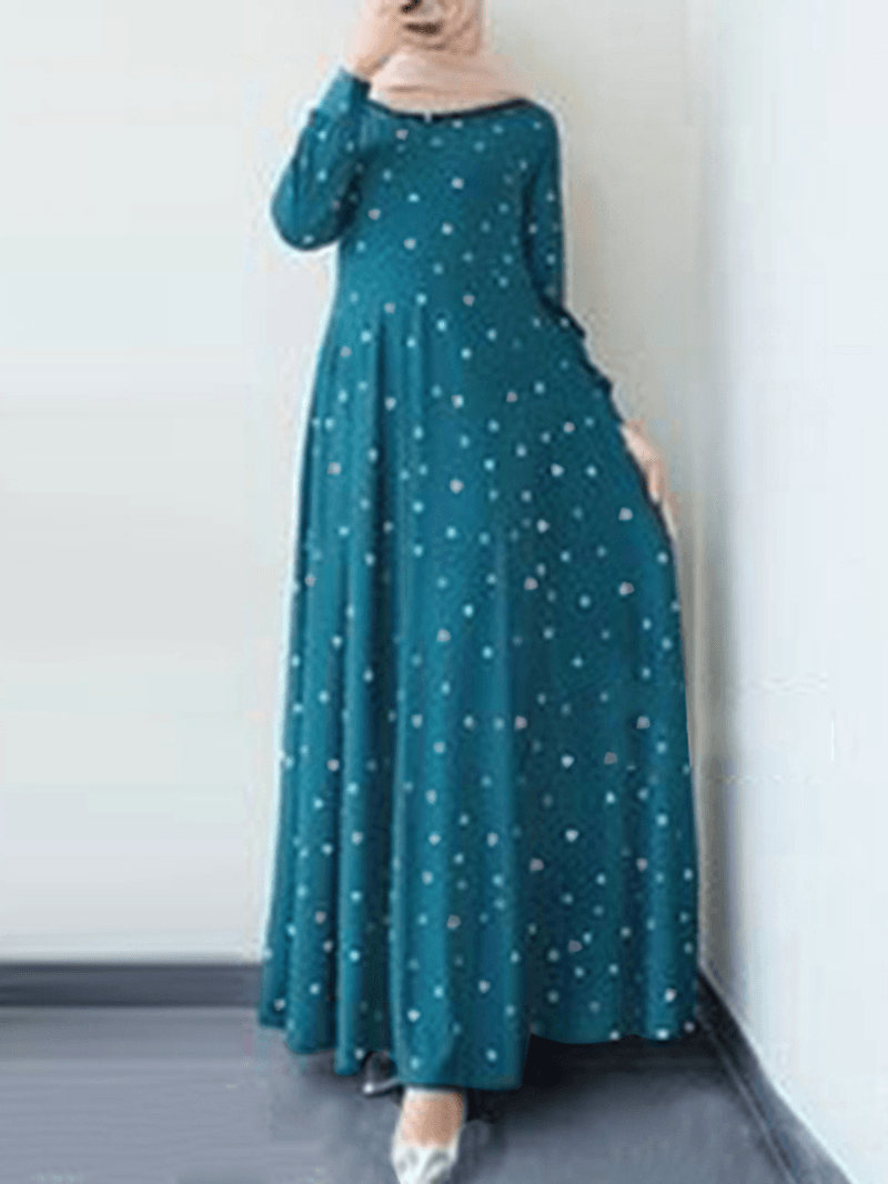 Women Geometric Printed O-Neck Button Cuffs Bohemian Muslim Kaftan Maxi Dress