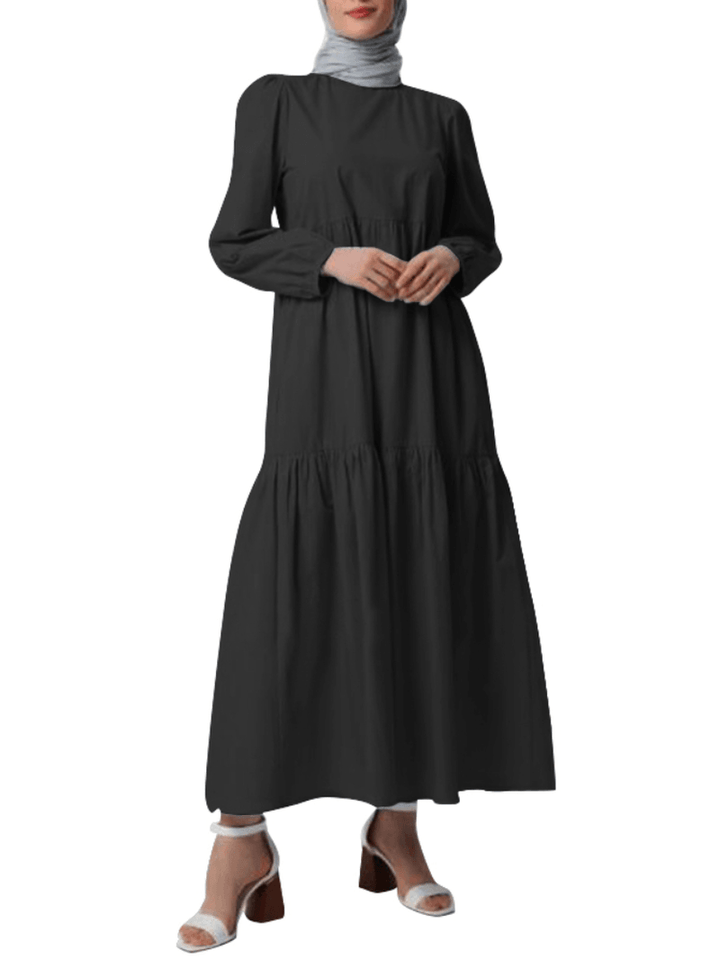 Women Solid Crew Neck Layered Back Buttons Abaya Kaftan Dress - MRSLM