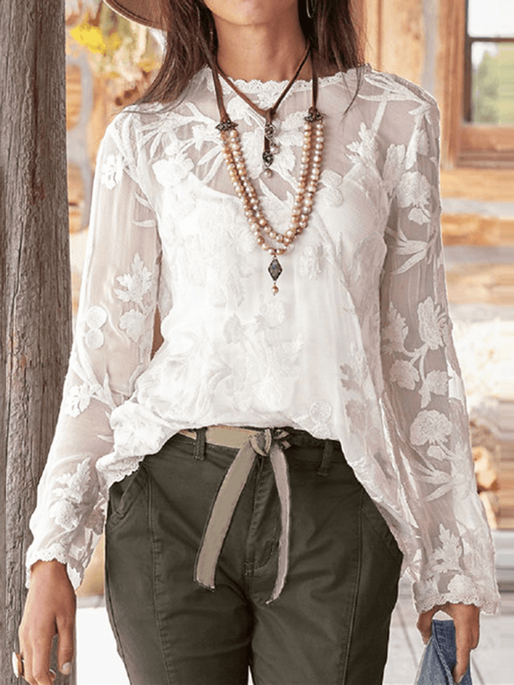 Solid Lace Patchwork O-Neck Long Sleeve Button Back Two-Piece Casual Blouse