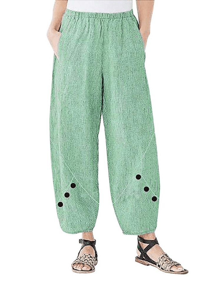 Striped Elastic Waist Side Pocket Harem Button Casual Pants