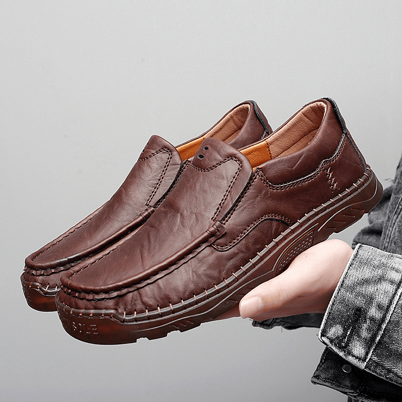 Menico Men Cowhide Breathable Hand Stitching Soft Sole Slip on Solid Casual Loafer Shoes