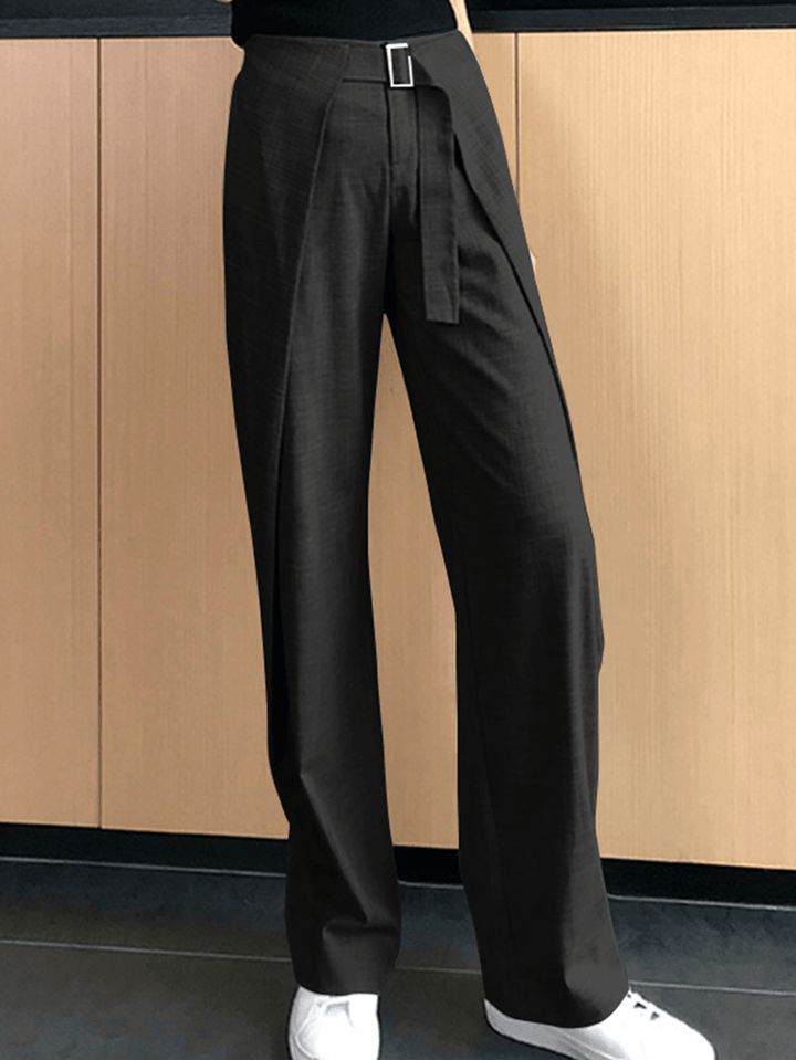 Women Solid Business Zipper Fly High Waist Wide Leg Pants with Buckle