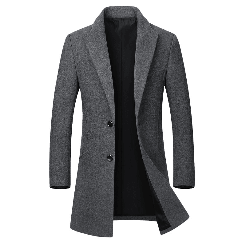 Mens Business Casual Woolen Trench Coat Mid-Long Single Breasted Slim Fit Coat