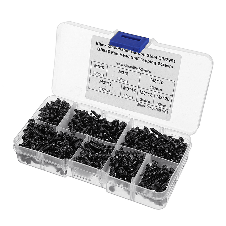 Suleve‚Ñ¢ M3CP1 500Pcs M3 Phillips Screw Black Zinc-Plated Carbon Steel Pan Head Self Tapping Woodworking Screws Assortment Kit