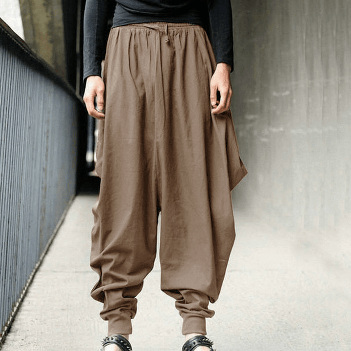 Mens Casual Cotton Linen Solid Color Baggy Loose Harem Pants