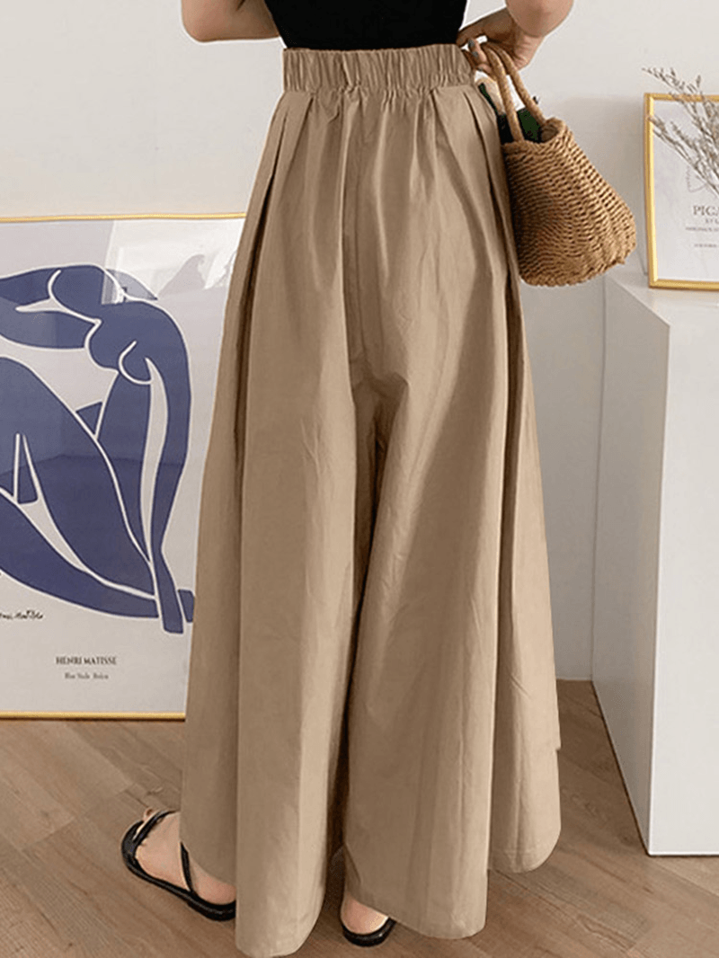 Women Drawstring Waist Loose Solid Color Casual Wide Leg Pants with Pocket