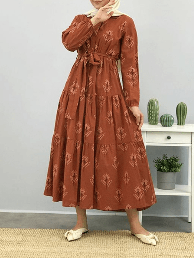 Women Floral Print Lapel Puff Sleeve Kaftan Maxi Dress with Belted