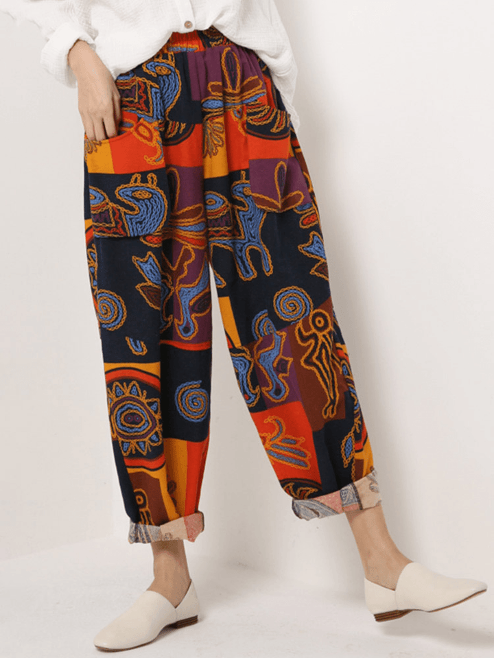 Ethnic Women Floral Print Elastic Waist Pockets Pants