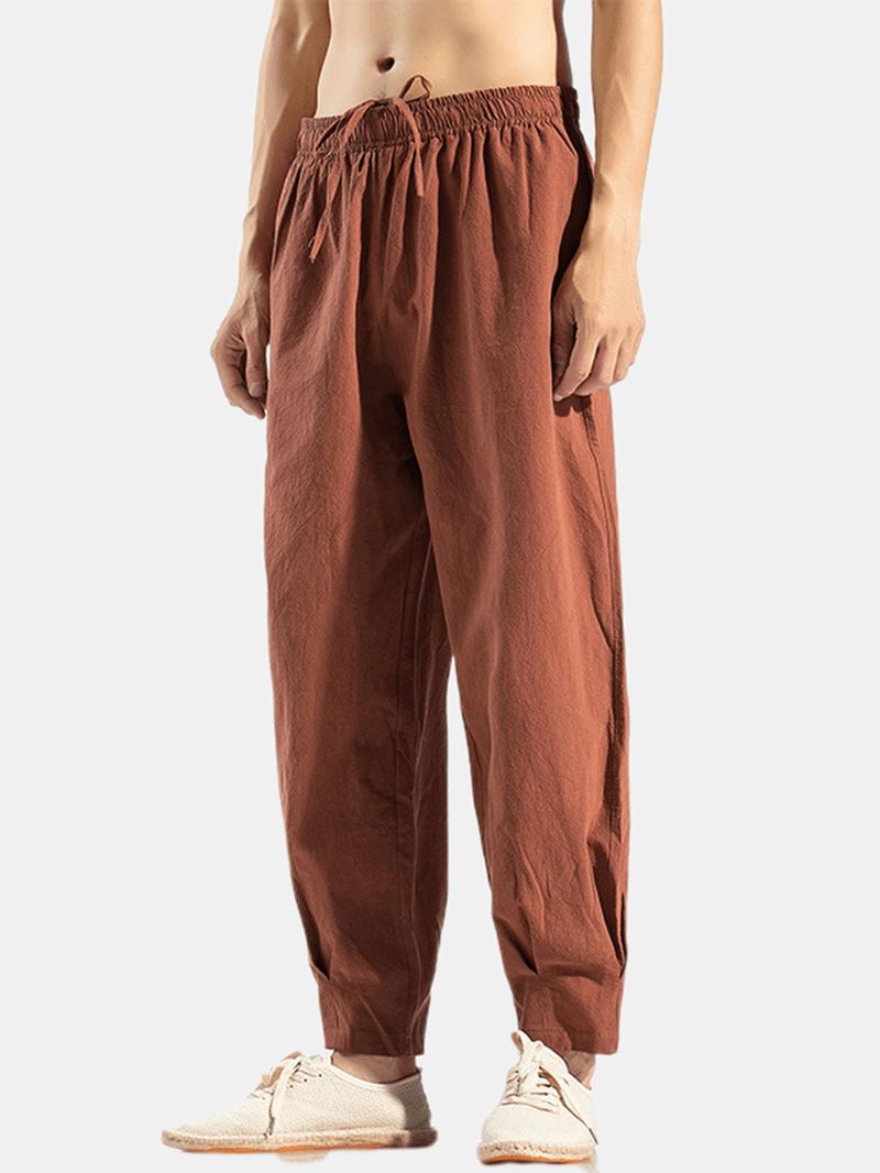 Mens 100% Cotton Oriental Elastic Waist Solid Color Harem Pants with Pocket