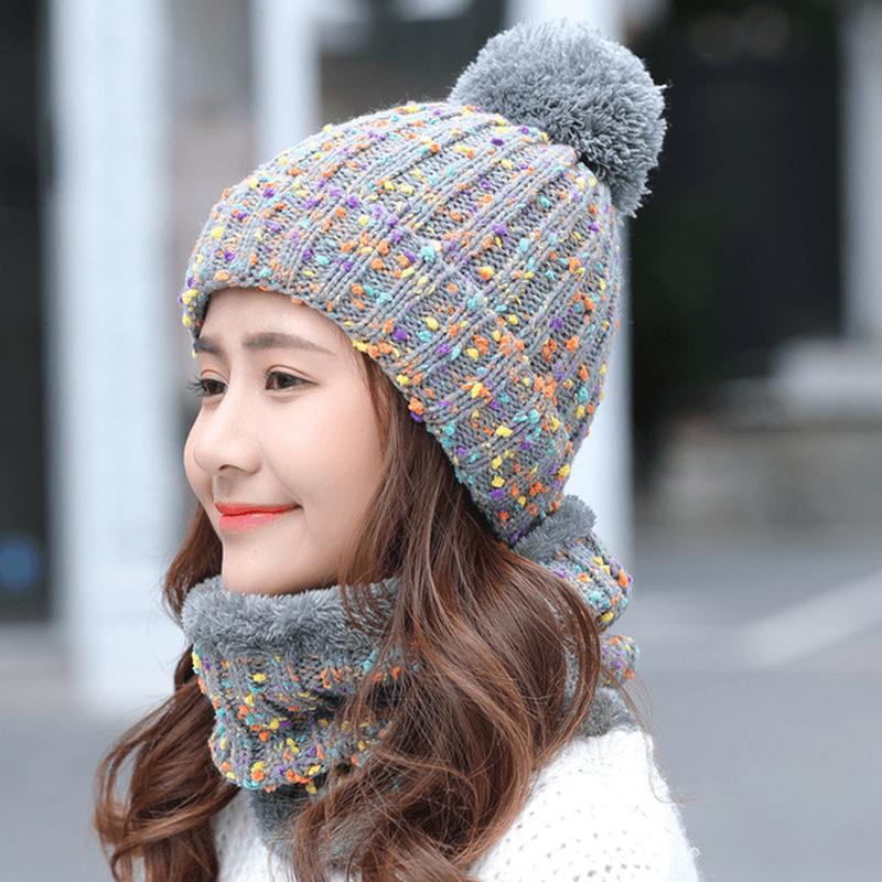 Thick Warm Wool Cap Bib Two-Piece Set Beanie Warm Winter Pom Cap