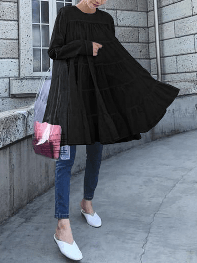 Solid Color O-Neck Long Sleeve Pleated Loose Casual Blouse for Women