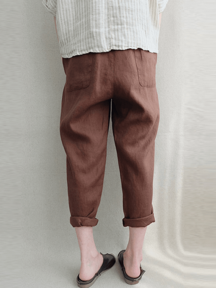 Women Vintage High Elastic Waist Solid Loose Cotton Harem Pants