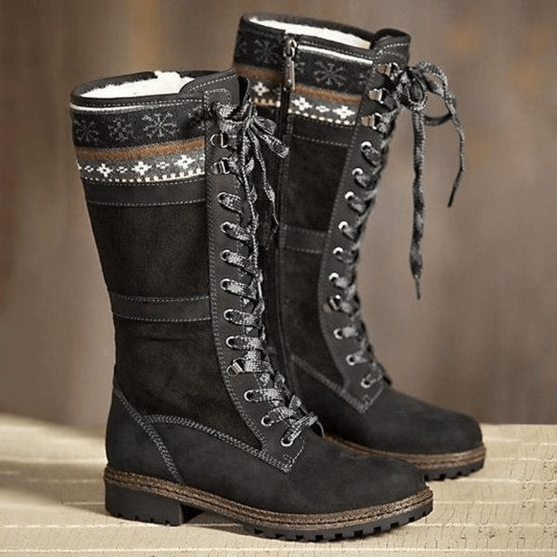 Large Size Winter Suede Warm Lace up Zipper Mid-Calf Boots