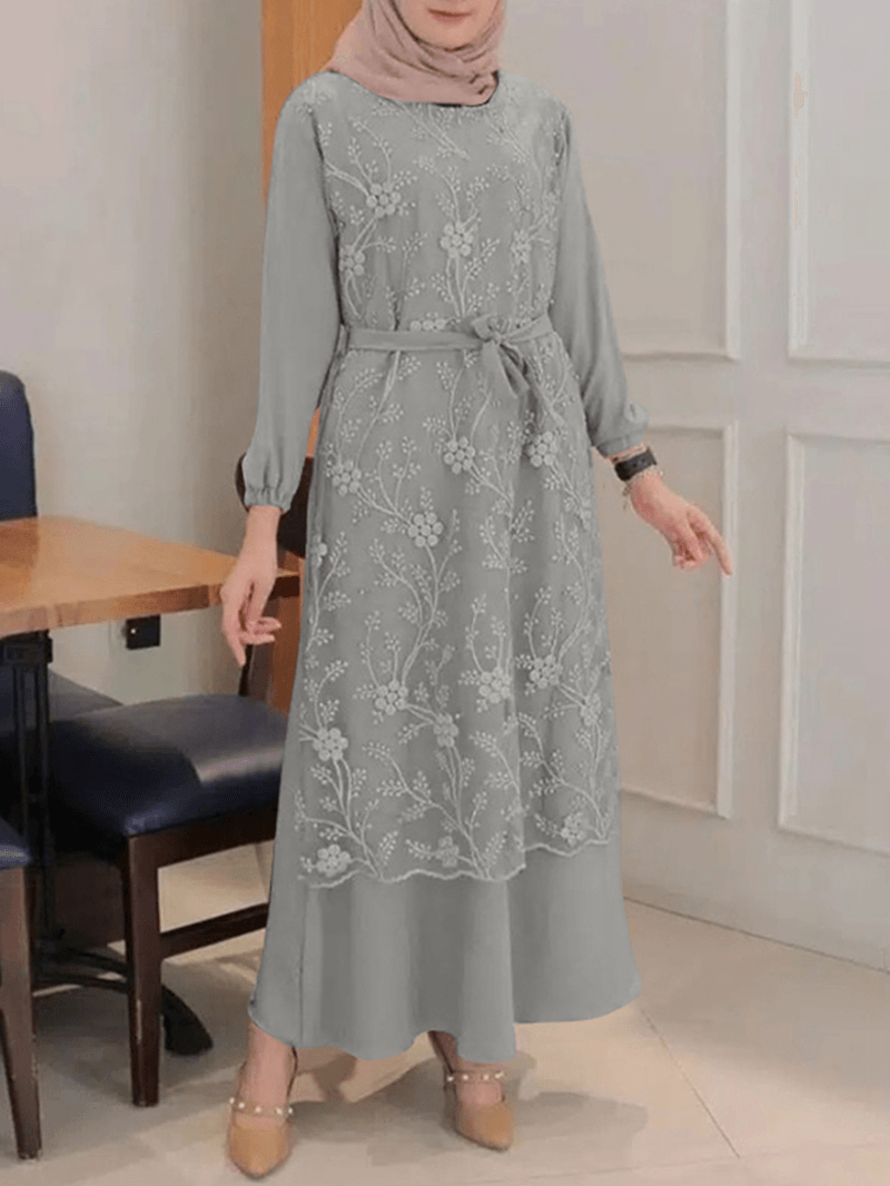 Women Flowers Embroidery Stitching Lace up Casual Elastic Cuffs Maxi Dresses