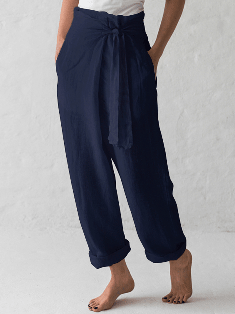 Women Cotton Belted High Waist Casual Wide Leg Harem Pants