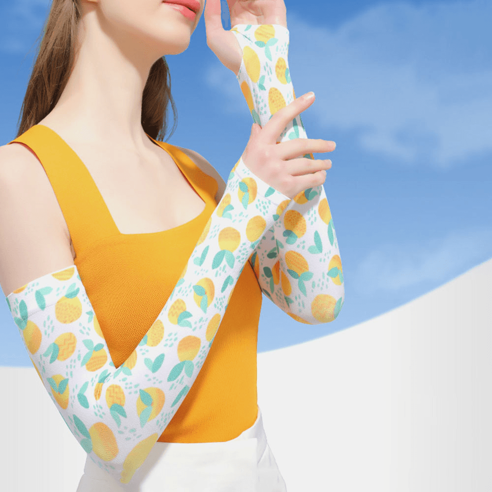 Women Ice Silk Fruit Flower Pattern Printing Long Sun Protection Sleeves Thin Breathable Driving Arm Guard Glove