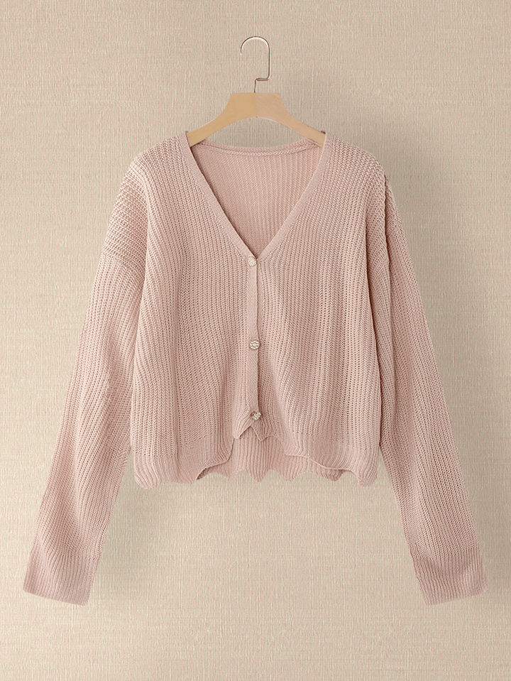 Women Solid Simple Mild Pink Irreugular Hem Daily Wear Knitted Cardigan