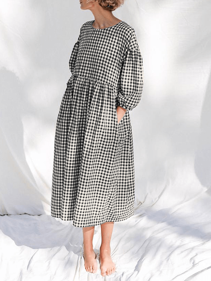 Women Plaid Print Pleated round Neck Casual Half Sleeve Midi Dresses