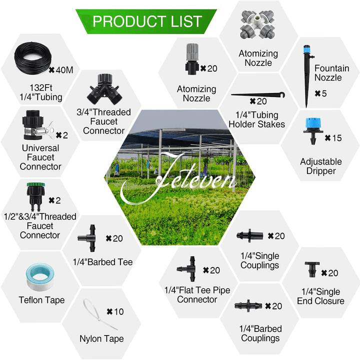 40M 178PCS Drip Irrigation Kit 1/4" Blank Distribution Tubing Automatic Irrigation Equipment Set with Adjustable Nozzle