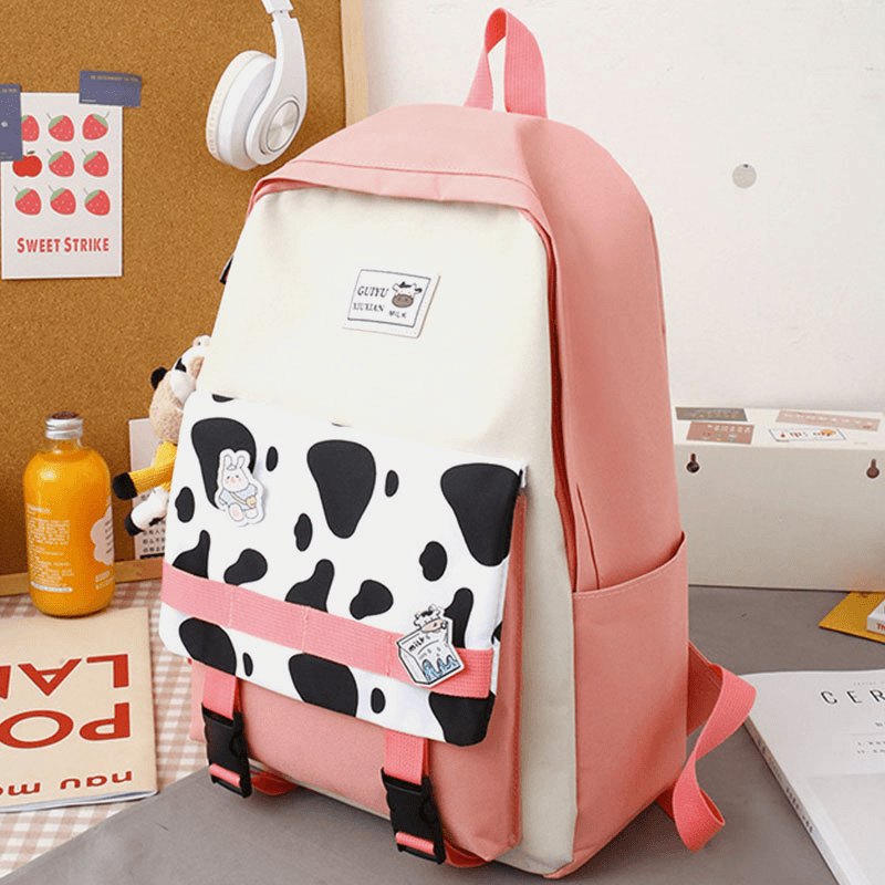 5 PCS Canvas Preppy Cow Pattern Multifunction Combination Bag Backpack Tote Crossbody Bag Clutch Wallet