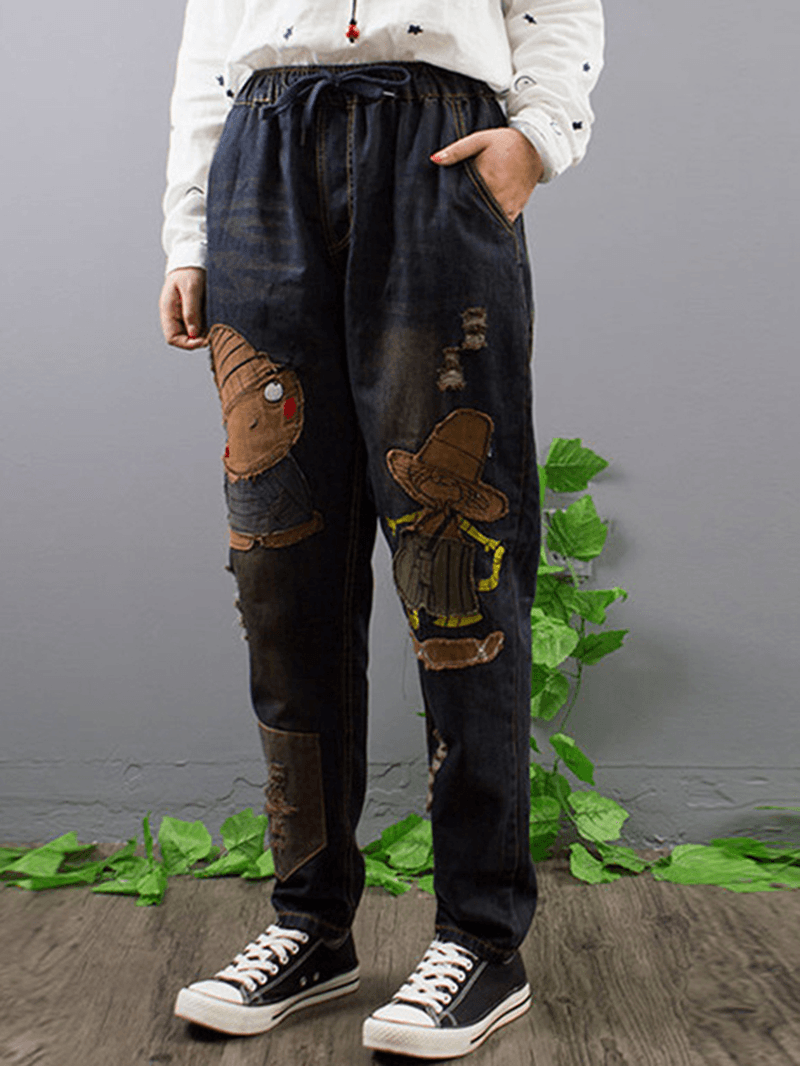 Embroidery Patchwork Elastic Waist Denim Jeans