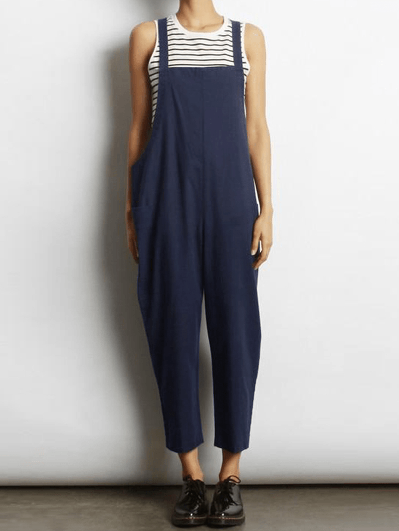 Women Sleeveless Cross Back Overalls Jumpsuit with Pockets