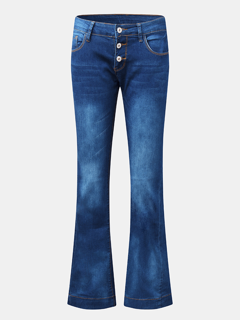 Women Pocket Button Denim Casual Bell-Bottoms Jeans - MRSLM