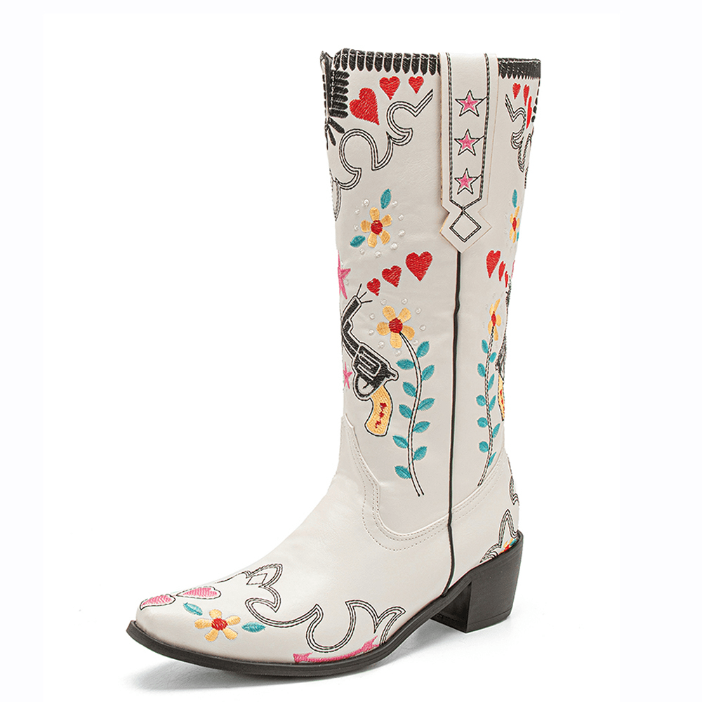 Women Floral Sweet Embroidery Leather Pointy-Toe Chunky Heel Mid-Calf Knight Boots