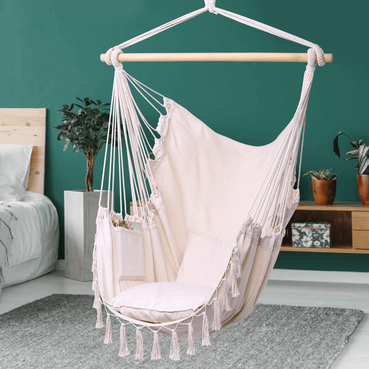 Garden Hammock Chair Hanging Swing Seat Wooden Rope Swing Seat with 2 Cushion