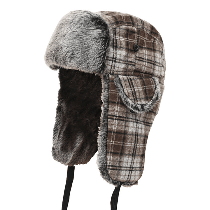 Mens Womens Plaid plus Velvet Earmuffs Ushanka Trapper Hat - MRSLM