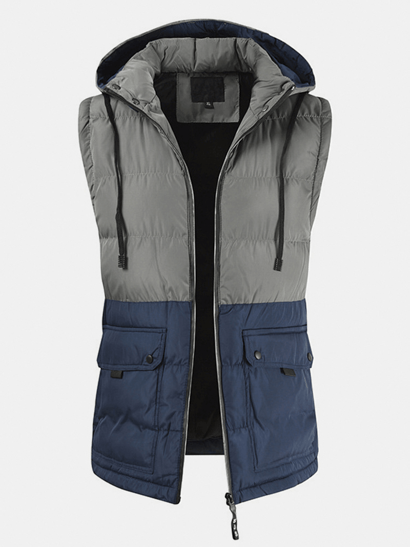 Mens Patchwork Cotton Zipper Casual Thick Warm Detachable Hooded Vest