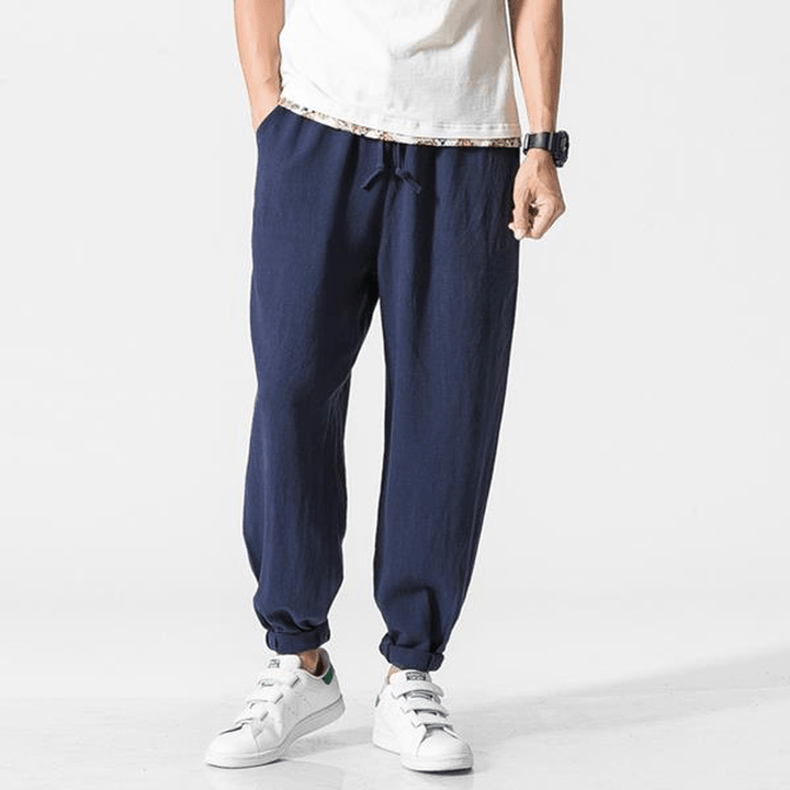 Men'S Summer Loose Cotton Linen Pants Small Feet Thin Breathable Haren Slacks