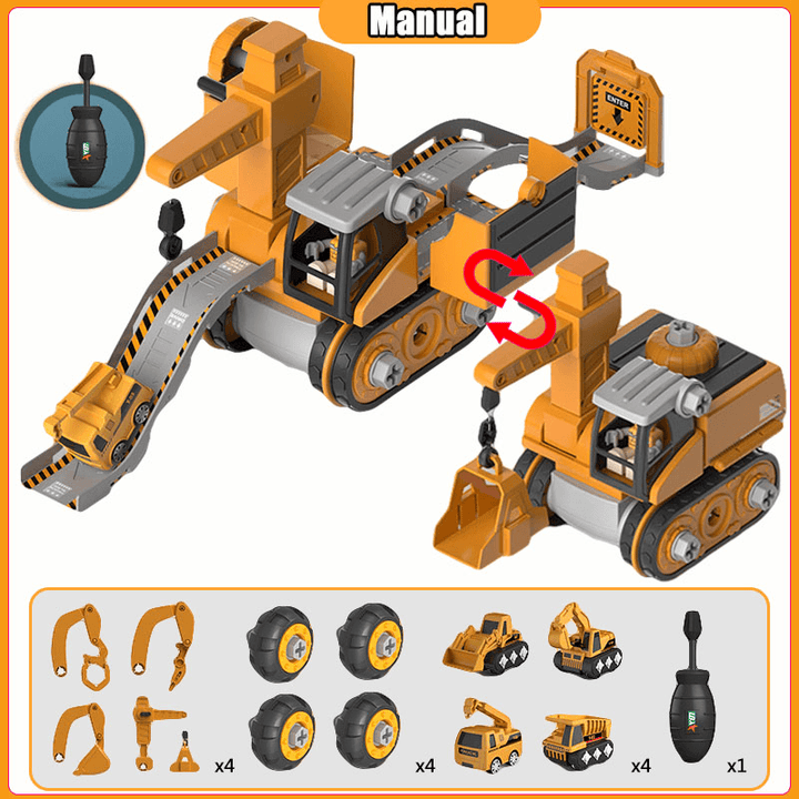 Disassembly and Assembly 4 in One Deformation Scene Engineering Vehicle Sliding Track Crane Excavator Toy