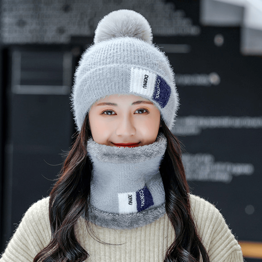 Unisex 2PCS plus Velvet Thicken Warm Windproof Neck Face Protection Riding Knitted Hat Scarf