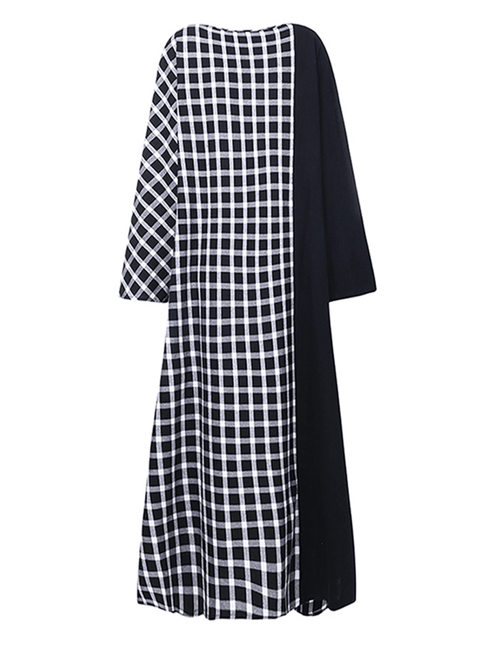 Plaid Patchwork round Neck Long Sleeve Casual Maxi Dress