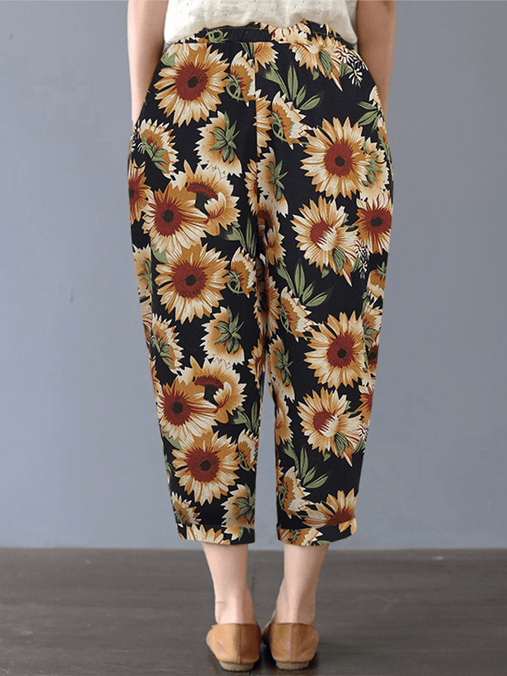 Women Sunflower Daisy Floral Print Cotton Casual Pants with Side Pockets