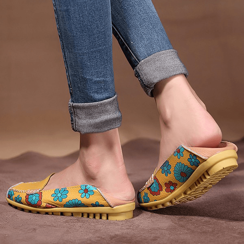 Big Size Women Flower Floral Leather Loafers Moccasins Flats Soft Ballet Shoes round Toe Flats